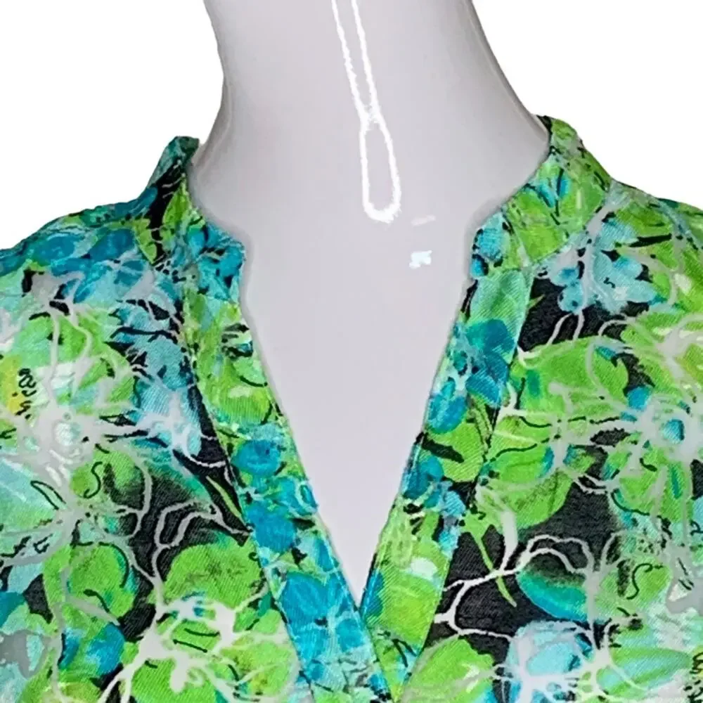 Kim Kim Rogers Petite Button Down Shirt Size LP Green Floral Print